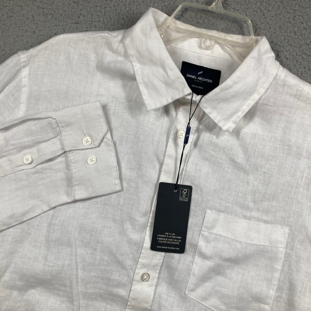 Daniel Hechter Button Up Shirt Mens Lg NEW White 100% Linen Long Sleeve Pocket